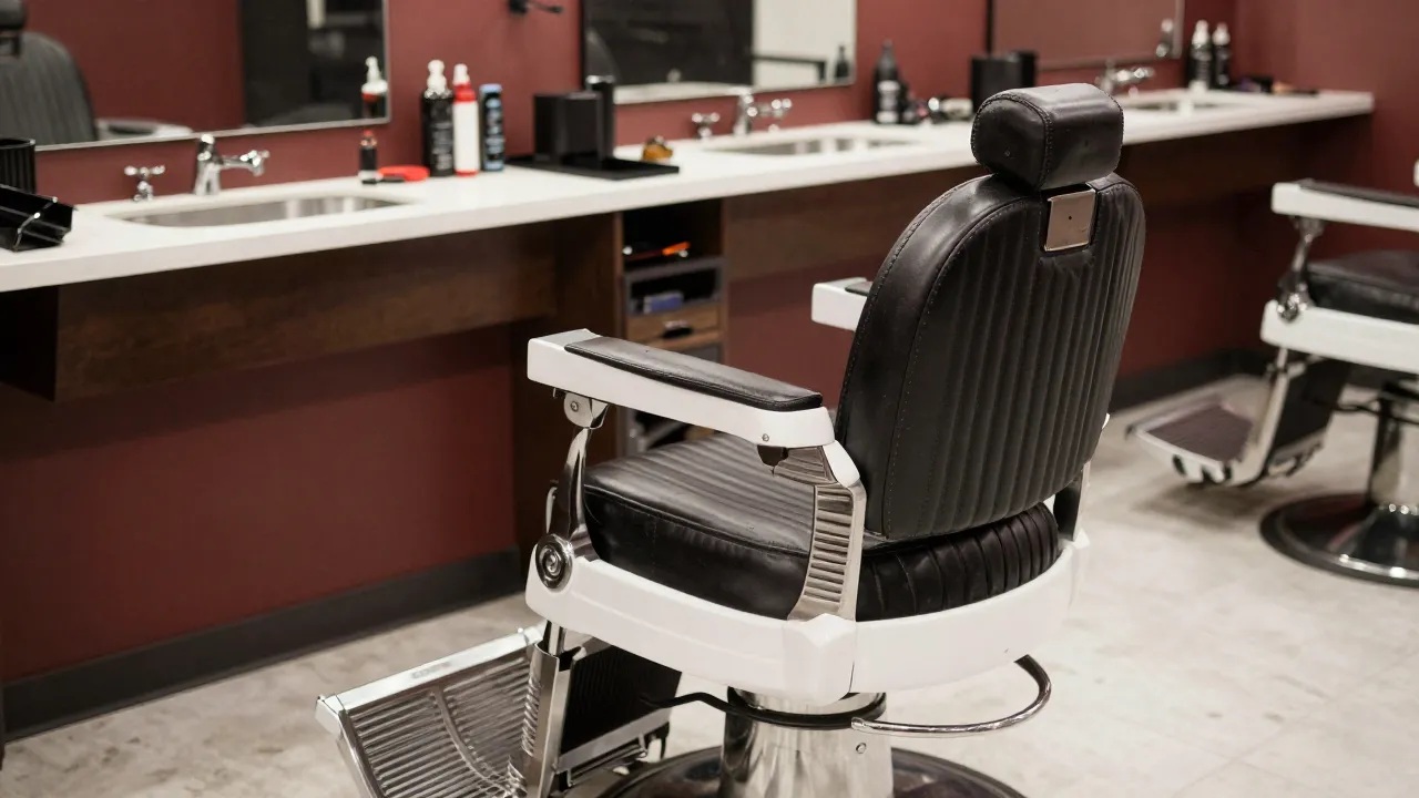 Interior da barbearia com cadeira clássica — imagem de exemplo, troque pela foto do seu salão